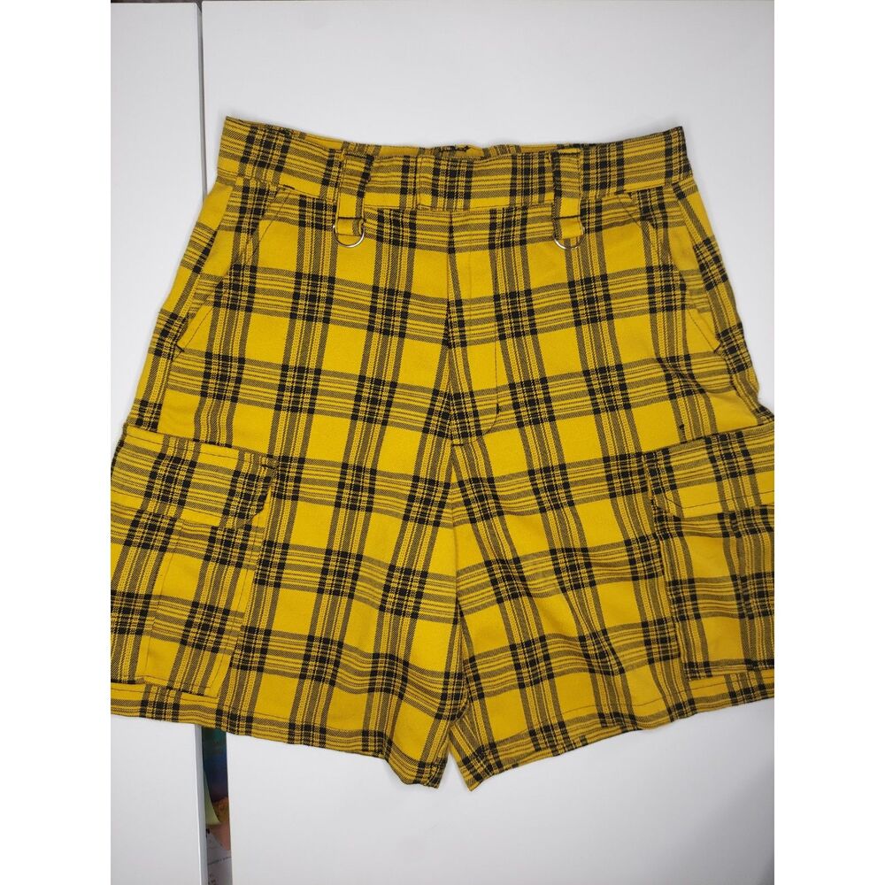 Hot Topic Yellow Black Plaid Punk Rock Ska Cargo Shorts Metal Hardware Sz S